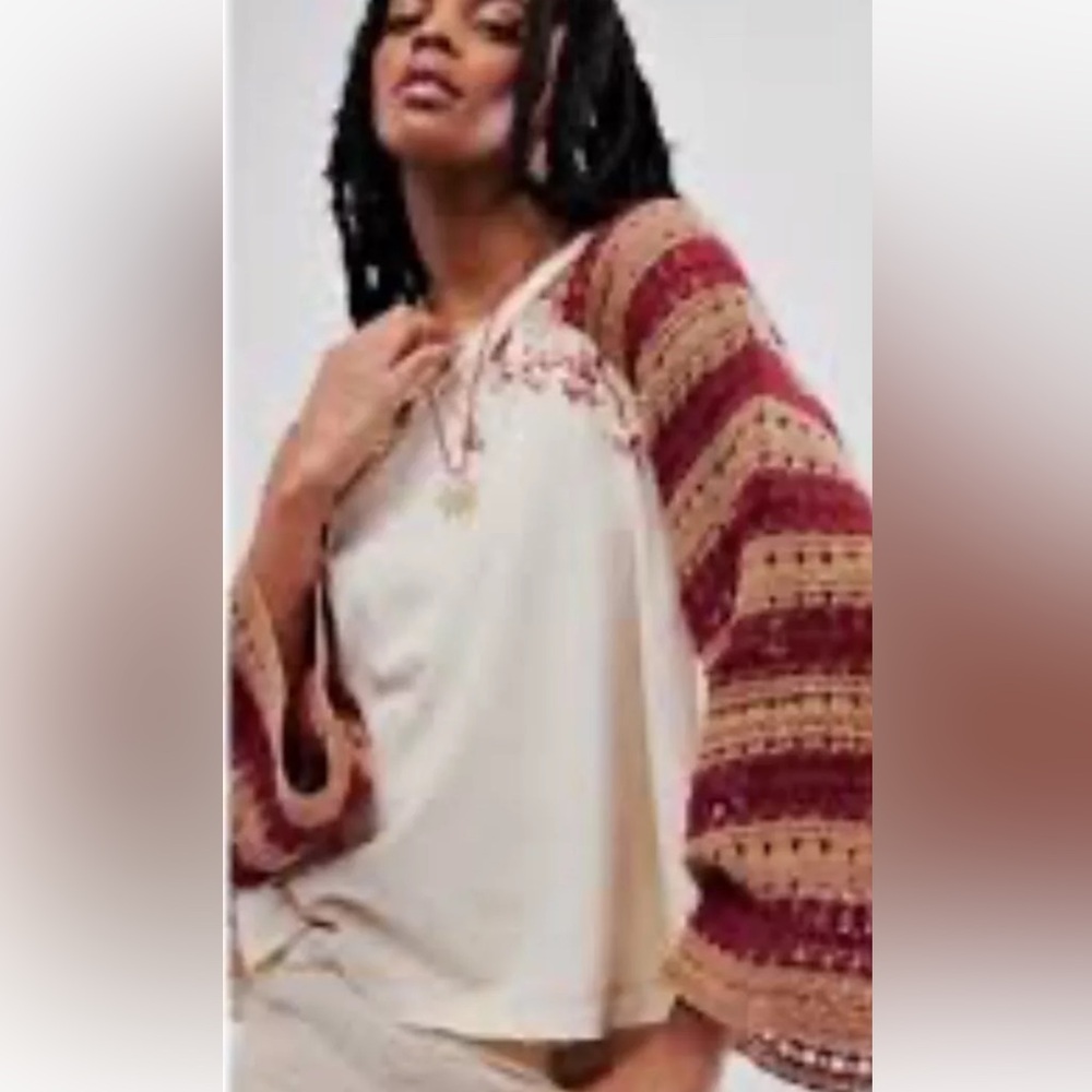 Free People Festival Ready Tee We The Free Crochet Knit Sleeve Ivory Combo